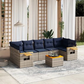 8 pcs conjunto sofás p/ jardim c/ almofadões vime PE cinzento