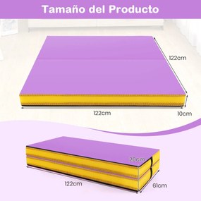 Colchão de ginástica dobrável 122 cm x 122 cm x 10 cm com capa de couro artificial e alças de transporte roxo