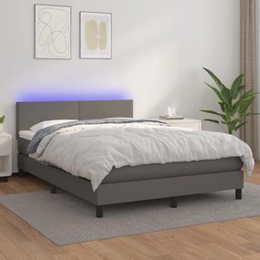 Cama box spring c/ colchão/LED 140x190cm couro artificial cinza