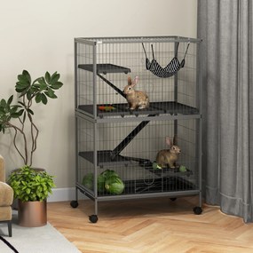 Gaiola para Roedores 80x52x128 cm Casa de 4 Alturas com Rampas Suspensa Rede Bandeja Removível Rodas Cinza Prateado