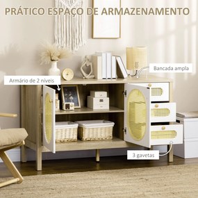 Aparador de Cozinha Buffet para Sala de Estar Armário de Armazenamento com 3 Gavetas 2 Portas de Malha e Prateleira Ajustável para Sala de Jantar 140x