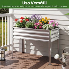 Floreira Elevada de Metal 112 x 55 x 81 cm com Revestimento Eletroforético e Drenagem para Legumes, Flores e Frutas - Prateada