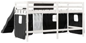 Cama alta criança c/ cortina 80x200cm pinho maciço branco/preto