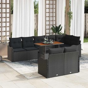 Conjunto de Sofá de Jardim vidaXL de 9 Peças com Almofadas Preto Rattan Polido Acácia
