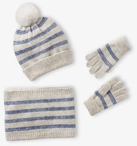 Conjunto às riscas gorro + gola snood + luvas/mitenes,  para menina baunilha