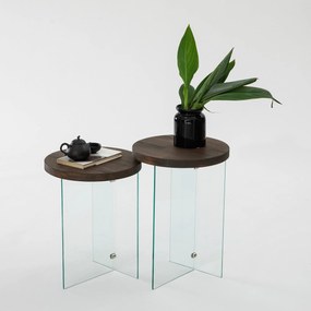 Conjunto de Mesas de Café Serenity – Transparente e Nogueira – 35 cm x