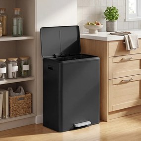 Caixote do lixo de cozinha com sistema de separação de resíduos 52,5 x 37,2 x 65,8 cm, baldes interiores e fecho suave, aço, preto