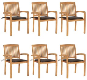 vidaXL Cadeiras de jardim empiháveis c/ almofadões 6 pcs teca maciça