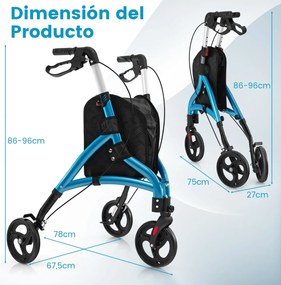 Andador para idosos com estrutura em alumínio leve, rodas grandes de 20 cm, altura ajustável e bolsa de armazenamento Azul