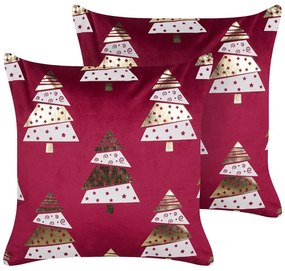 Conjunto de 2 almofadas decorativas com padrão natalício em veludo vermelho 45 x 45 cm GOLDSPRUCE Beliani