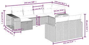 10 pcs conjunto sofás de jardim c/ almofadões vime PE cinzento