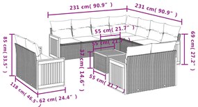 12 pcs conjunto de sofás de jardim c/ almofadões vime PE preto