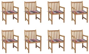 vidaXL Cadeiras de jardim almofadões xadrez vermelho 8 pcs teca maciça