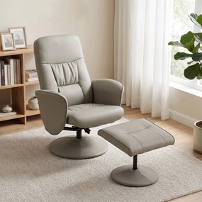 Poltrona Relax Reclinável com Otomana Encosto Alto Giratória 360° Apoios de Braços 76x81x101 cm Bege Cinzento
