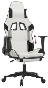 Cadeira gaming c/ apoio p/ pés couro artificial preto e branco