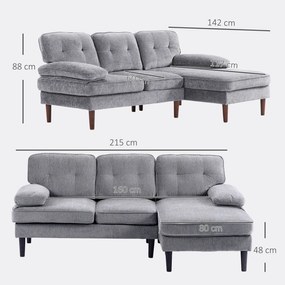 Sofá de Canto com Chaise Longue em Forma de L Estofado em Poliéster para Sala Capacidade 250 kg 215x142x88 cm Cinza