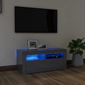 vidaXL Móvel de TV com luzes LED 90x35x40 cm cinzento brilhante