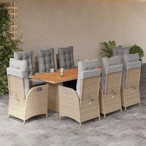 vidaXL 9 pcs conj. jantar jardim c/ almofadões vime PE bege misturado