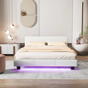 Estrutura de cama de casal com cabeceira e estribo estofada com luz LED e painel de controlo de cabeceira em pele sintética Ripas de madeira 210 x 145