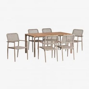 Conjunto De Mesa Retangular Em Alumínio E Madeira De Teca (160x90 Cm) Katiana E 6 Cadeiras Em Alumínio E Corda Trançada Nediam Moka Brown - Sklum