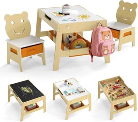 Conjunto de Mesa e 2 cadeiras infantil Secretária 5 em 1 com superfície reversível Quadro branco e preto 4 ganchos Compartimentos Natural