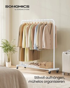 Guarda roupa cabideiro 38 x 110 x 141,5 cm com rodas para arrumação flexível, branco mate