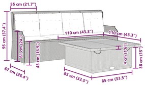 3 pcs conjunto sofás de jardim c/ almofadões vime PE cinzento