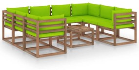 9 pcs conjunto lounge para jardim c/ almofadões verde brilhante