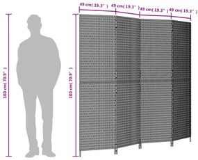 Biombo de divisão 4 painéis vime PE cinzento