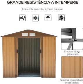 Abrigo de Jardim 213x130x185cm Abrigo de Jardim Metálico de Exterior com 2 Portas Deslizantes e 4 Janelas Castanho Claro