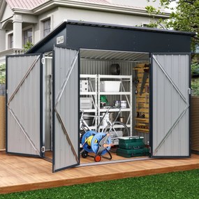Abrigo de jardim 235 x 174 x 197 cm com 3 portas, fechadura e telhado inclinado em aço galvanizado para ferramentas e bicicletas, cinza escuro