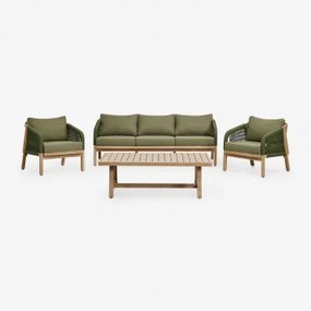 Conjunto De Jardim Com Sofá De 3 Lugares, 2 Poltronas E Mesa De Centro Em Madeira De Acácia Dubai Castanho Acácia Rústico & Tecido Verde Exército -