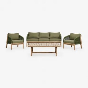 Conjunto De Jardim Com Sofá De 3 Lugares, 2 Poltronas E Mesa De Centro Em Madeira De Acácia Dubai Castanho Acácia Rústico & Tecido Verde - Sklum