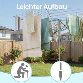 Estendal de roupa giratório 179,2 x 179,2 x 199 cm, 60 m de corda, Prateado