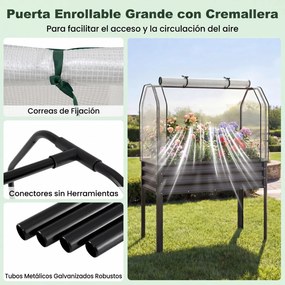 Floreira elevada com estufa 112 x 55 x 152 cm, canteiro de jardim em metal galvanizado com cobertura de proteção e porta enrolável para pátio, terraço