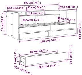 Sofá-cama com gavetas sem colchão 90x190 cm cinzento cimento