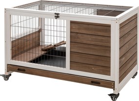 Gaiola para coelhos com rodas, 2 andares, porta com fechadura, teto abrível, tabuleiro deslizante e rampa, castanho e branco