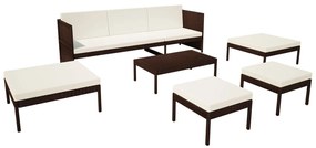 6 pcs conjunto lounge jardim c/ almofadões vime PE castanho