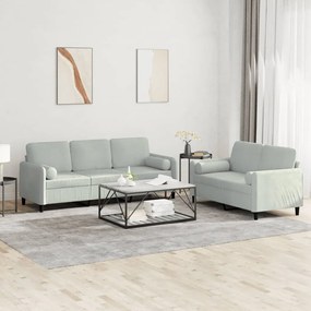 3202034 vidaXL 2 pcs conjunto de sofás com almofadas veludo cinzento-claro