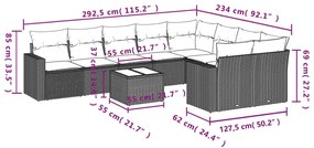 10 pcs conj. sofás jardim com almofadões vime PE cinzento-claro