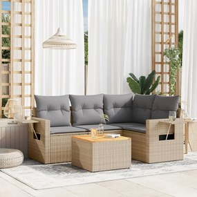 5 pcs conj. sofás jardim c/ almofadões vime PE bege misturado