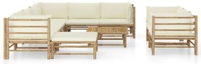 10 pcs conj. lounge jardim em bambu c/ almofadões branco nata