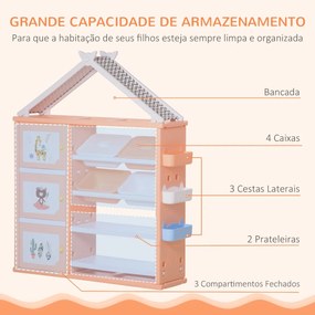 Estante Infantil de Brinquedos com Armário Prateleiras 4 Caixas e 3 Cestas Organizadoras de Armazenamento para Habitação de Crianças Sala de Jogos 128