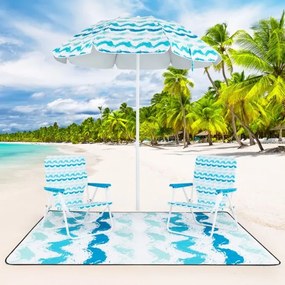 Conjunto de guarda-sol de praia com 2 cadeiras dobráveis e manta de piquenique para exterior com mecanismo de inclinação Azul