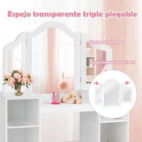 Toucador de brincar 2 em 1 desmontável com mesa de maquilhagem e secretária 4 prateleiras grandes e espelho de 3 painéis para meninas Branco