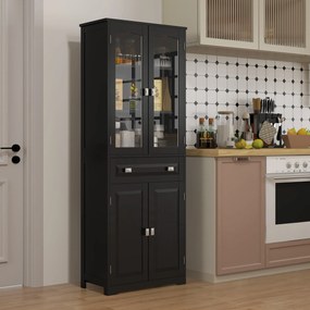 Armário alto de cozinha com 4 portas, das quais 2 com vidro, e 1 gaveta, com 160 cm de altura e prateleiras em madeira preta