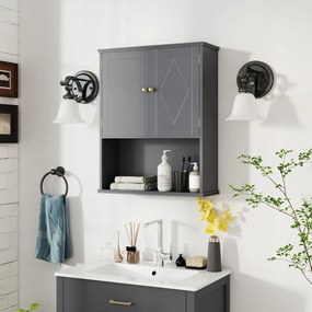 Armário de casa de banho de Parede 60 x 21 x 75 cm com 2 Portas com Prateleira Aberta e Ajustável Cinza
