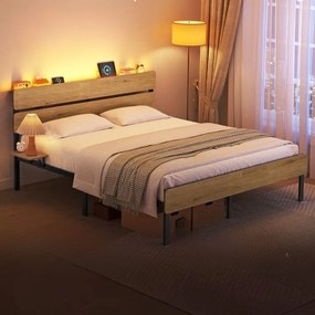 Estrutura de cama de casal 160 x 200 cm com iluminação (COLCHÃO NÃO INCLUIDO), castanho natural