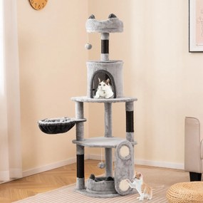 Arranhador para gatos com 144 cm de altura, com postes de arranhar em sisal e plataformas Rede Cinzento