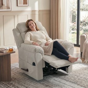 Poltrona reclinável com massagem e aquecimento, cadeira de relaxamento em tecido chenille (100 % poliéster), encosto de cabeça ajustável, bolsos later